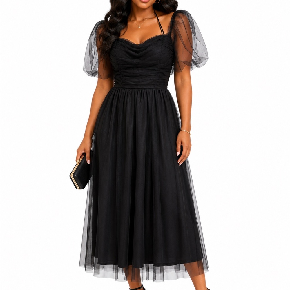 City Chic Black Tulle Midi Dress with Puff Sleeves